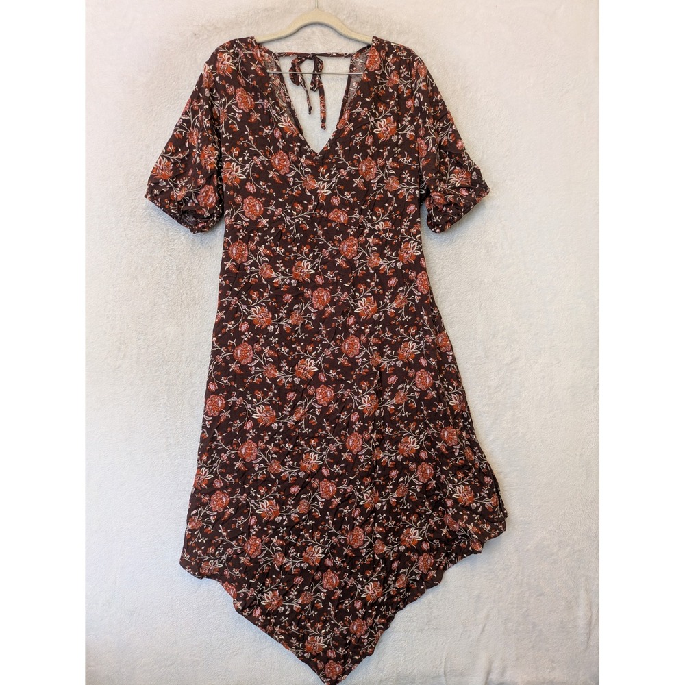 Maurices Dress Women's Large Brown Floral V-Neck Short Sleeve Sharkbite Hem Midi